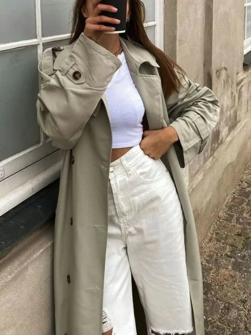 Large Collar Belted Twill Long Trench Coat P623579