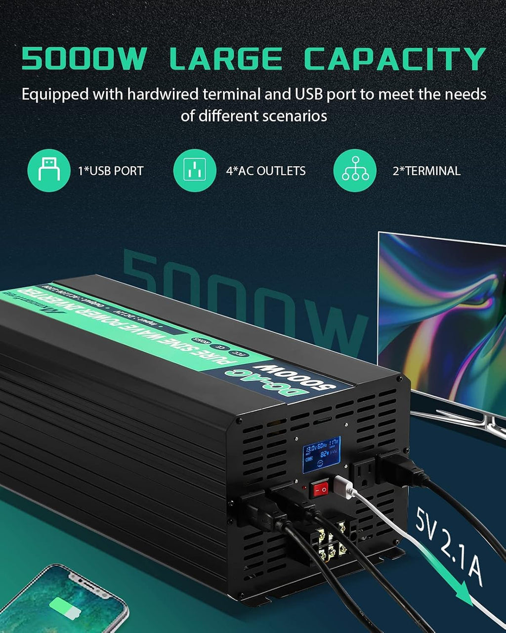 5000W Pure Sine Wave Power Inverter 12V DC to 110V AC with Wireless Remote Control LCD Display W862