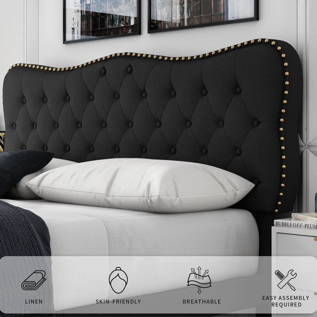 Queen Size Black Linen Upholstered Platform Bed with Adjustable Headboard U254