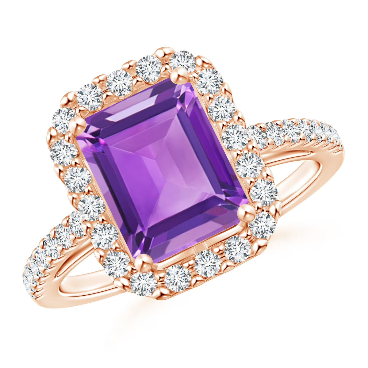 Natural 2.2 Ct. Amethyst with Diamond Halo Ring in 14K Rose Gold R27045