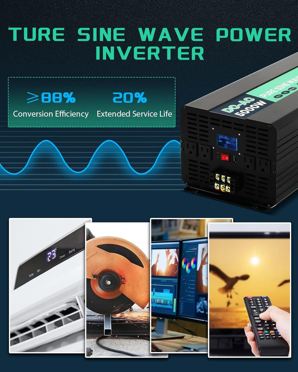 5000W Pure Sine Wave Power Inverter 12V DC to 110V AC with Wireless Remote Control LCD Display W862
