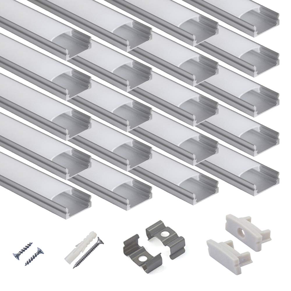 20-Pack 3.3ft U Shape LED Aluminum Channel System with Milky Cover, End Caps and Mounting Clips K660
