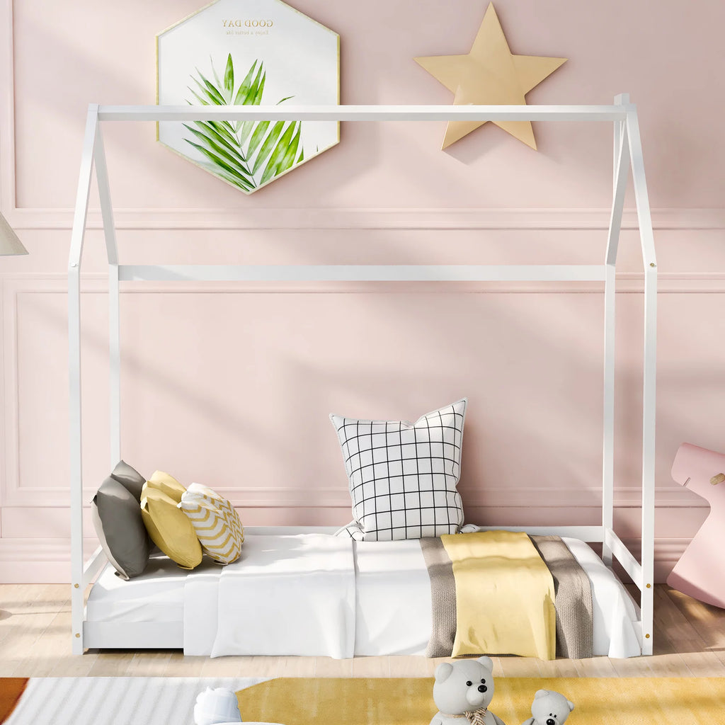 Twin Size White Wood House Bed P140158