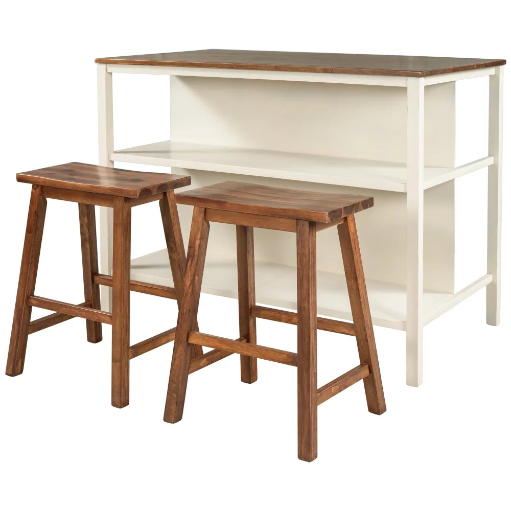 Solid Wood Kitchen Island Set with 2 Stools P54335