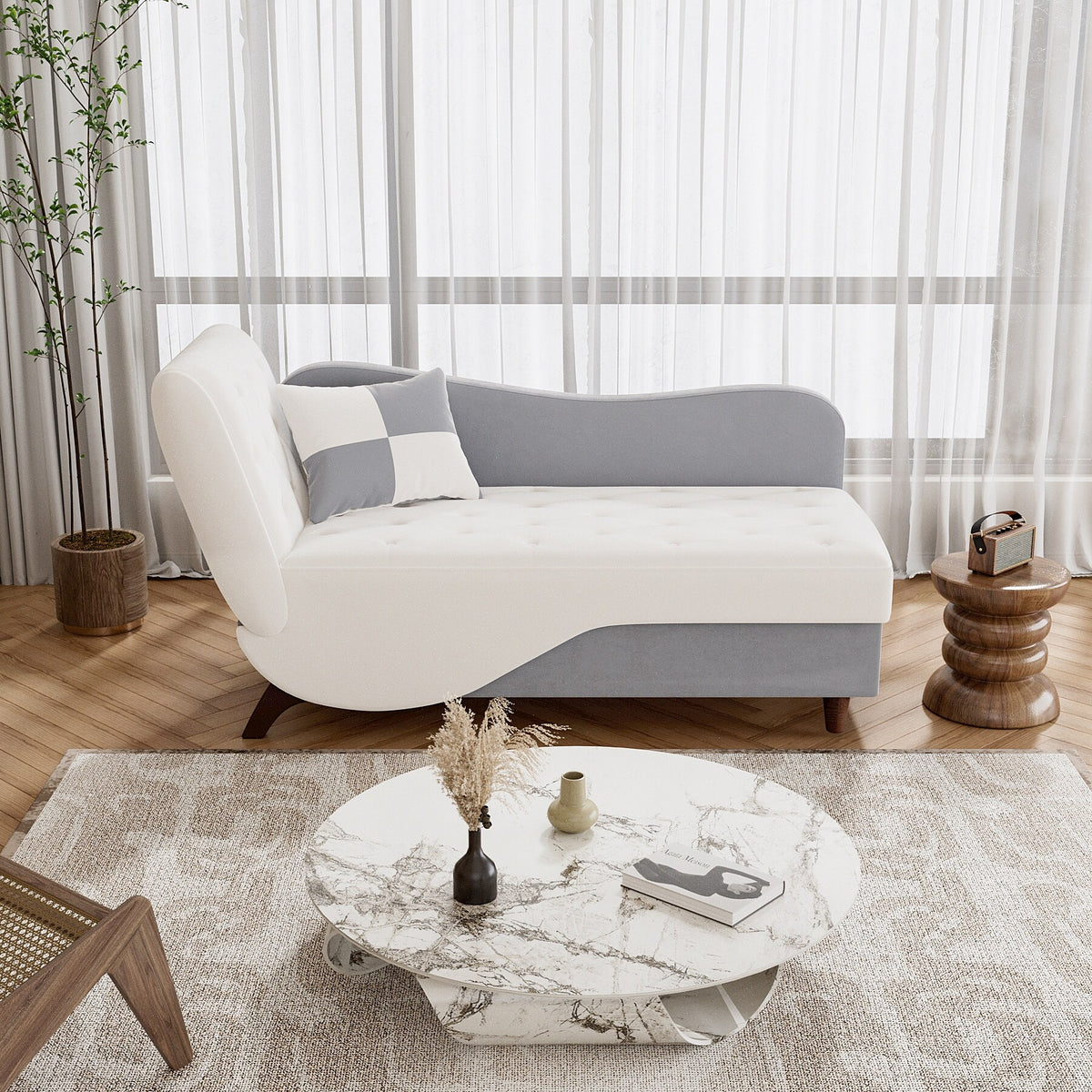 White Upholstered Storage Chaise Lounge Chair with Left Armrest & Lumbar Pillow V80849