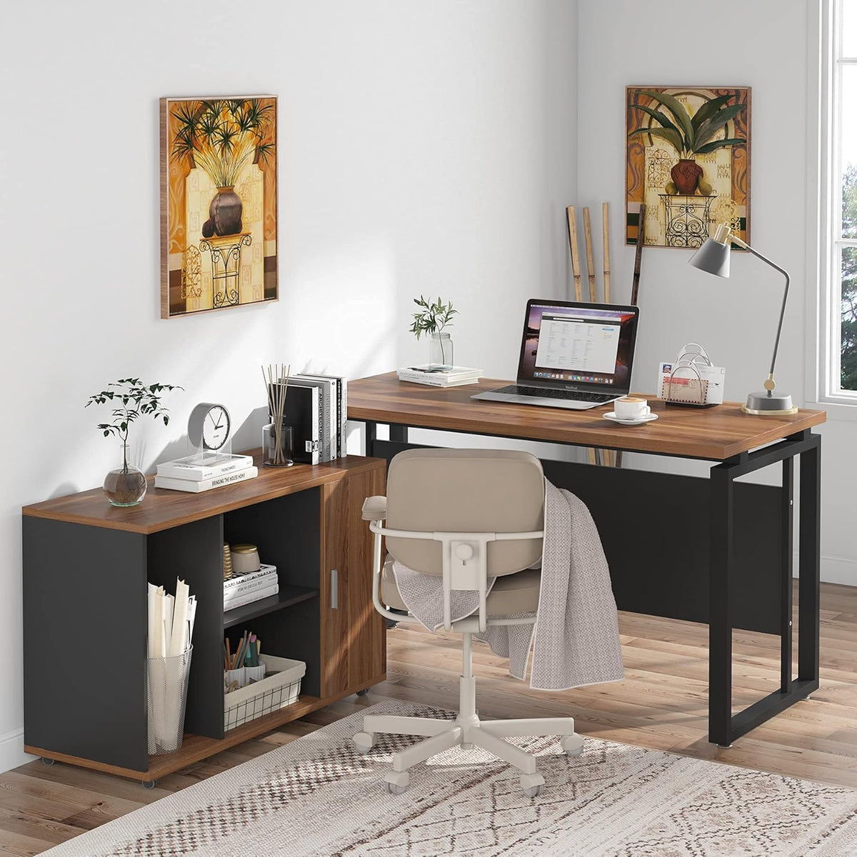 Dark Walnut Steel Gray L Shaped Desk with Storage Shelves and File Cabinet Q7142