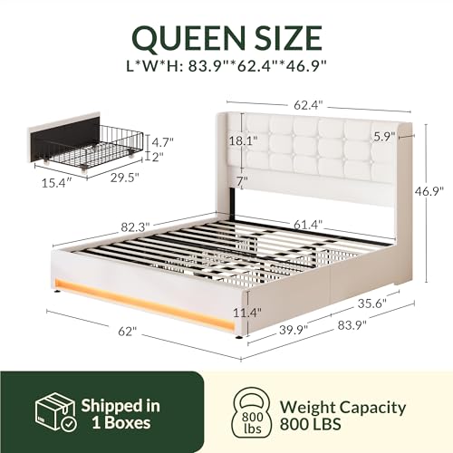 Queen Size White Velvet Upholstered Platform Bed Frame with 4 Storage Drawers Z4355