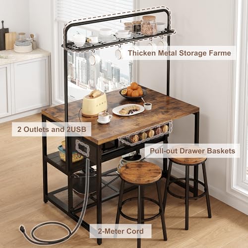 46" Kitchen Island Table with Power Outlet and 3-Tier Storage C2408