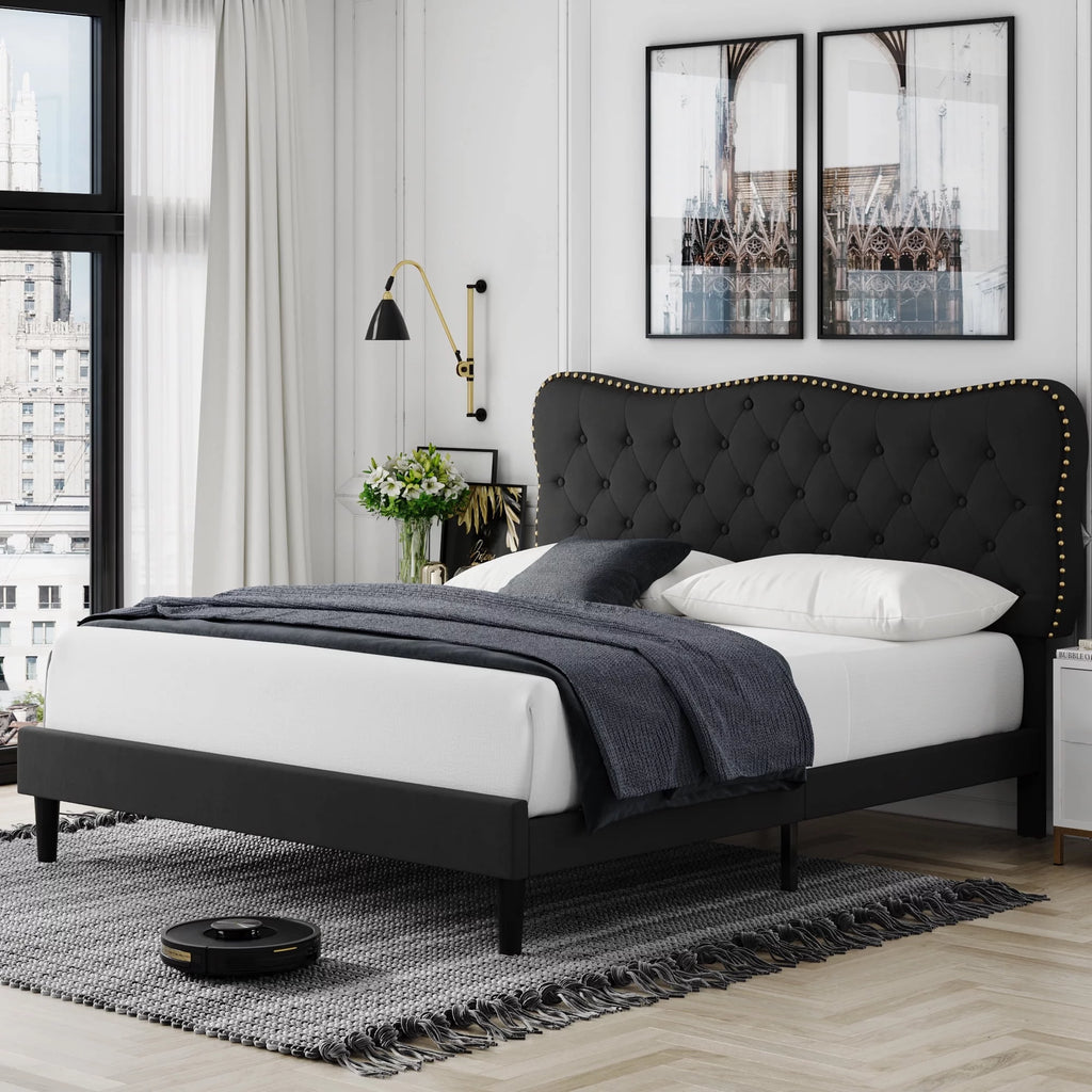 Queen Size Black Linen Upholstered Platform Bed with Adjustable Headboard U254