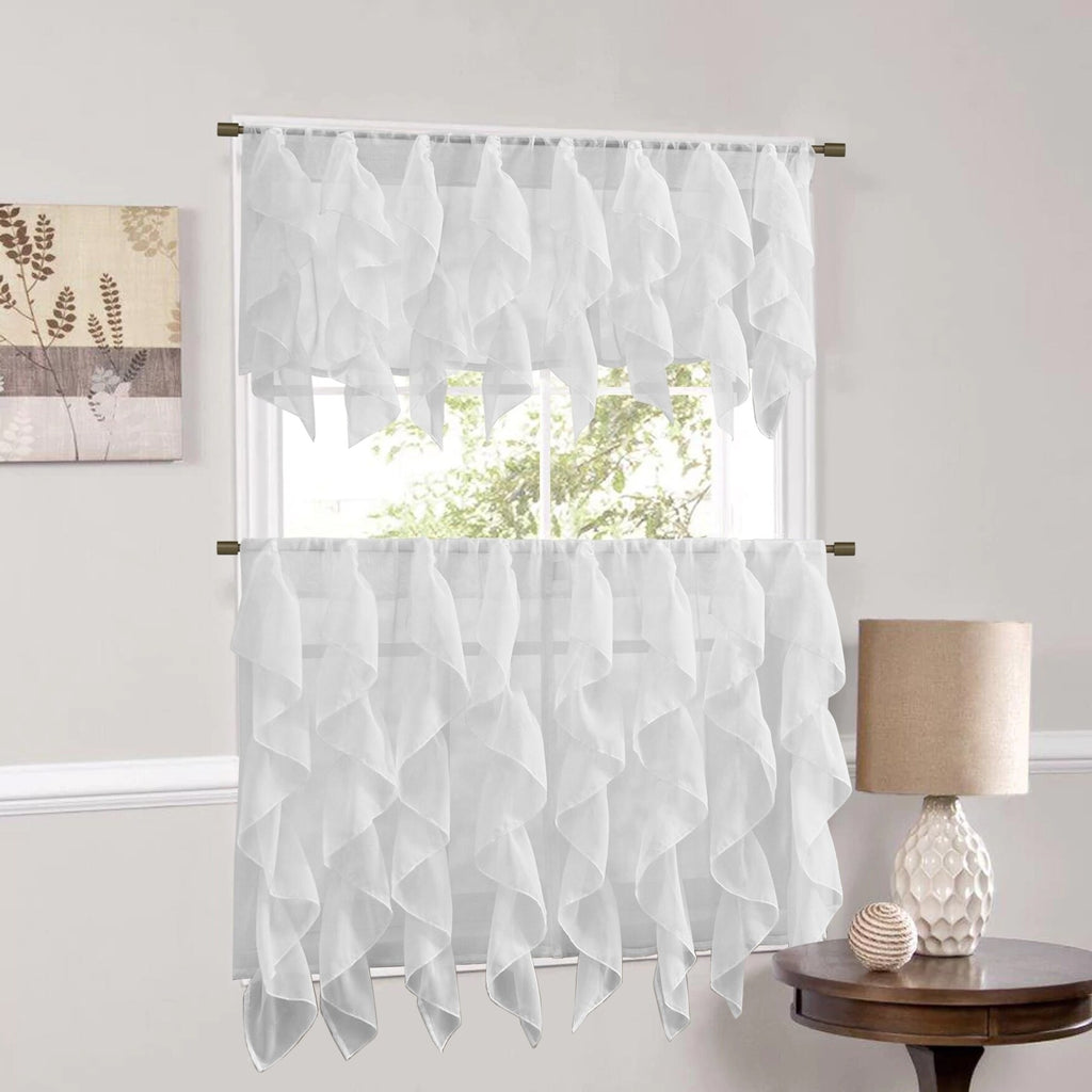 White Vertical Ruffled Waterfall Valances and Curtain Tiers 24" tier pair T6802