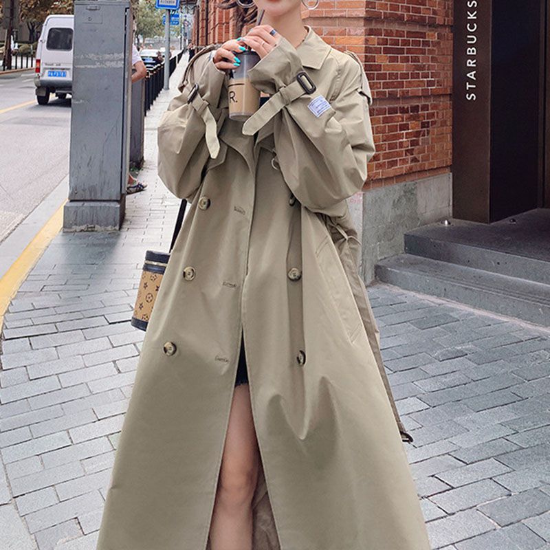 Large Collar Belted Twill Long Trench Coat P623579