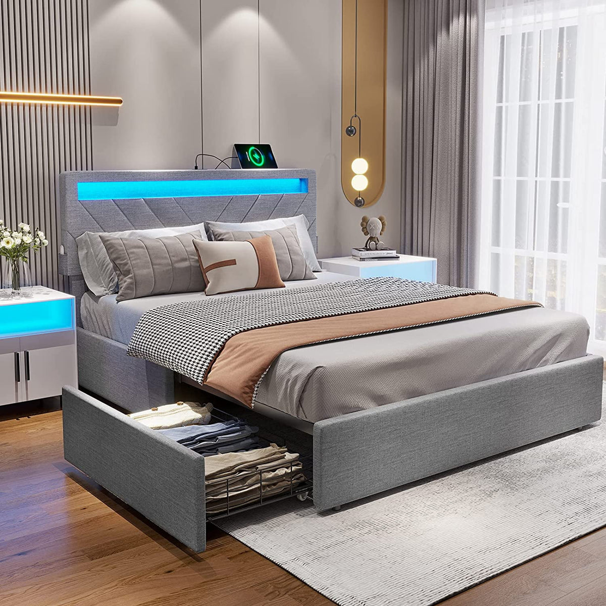 Queen Size LED Bed Frame with Drawers B6981