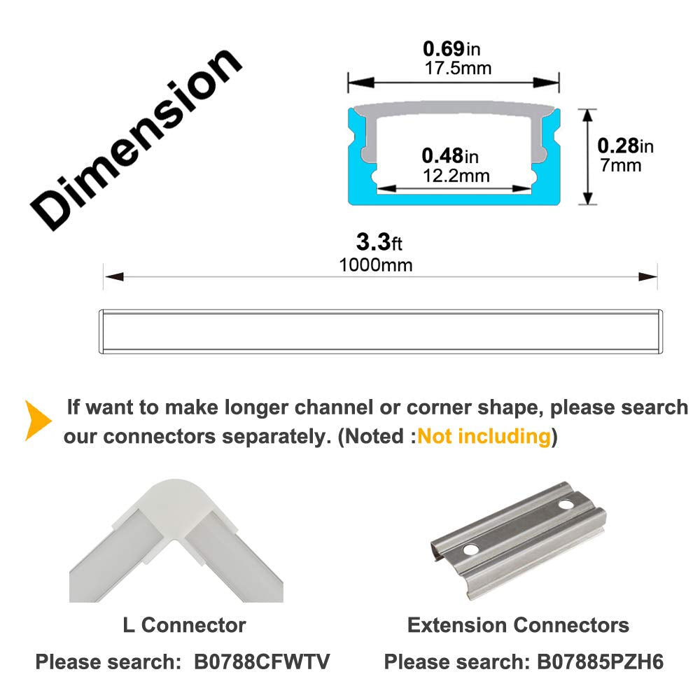 20-Pack 3.3ft U Shape LED Aluminum Channel System with Milky Cover, End Caps and Mounting Clips K660