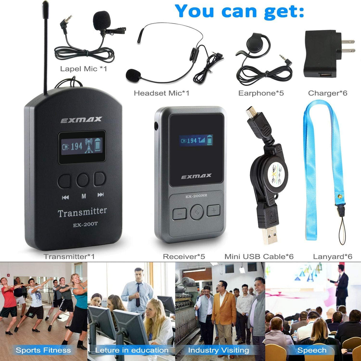 UHF Wireless Simultaneous Translation System Transmitter Receiver 200 Channels 1 Transmitter & 5 Receivers R51920