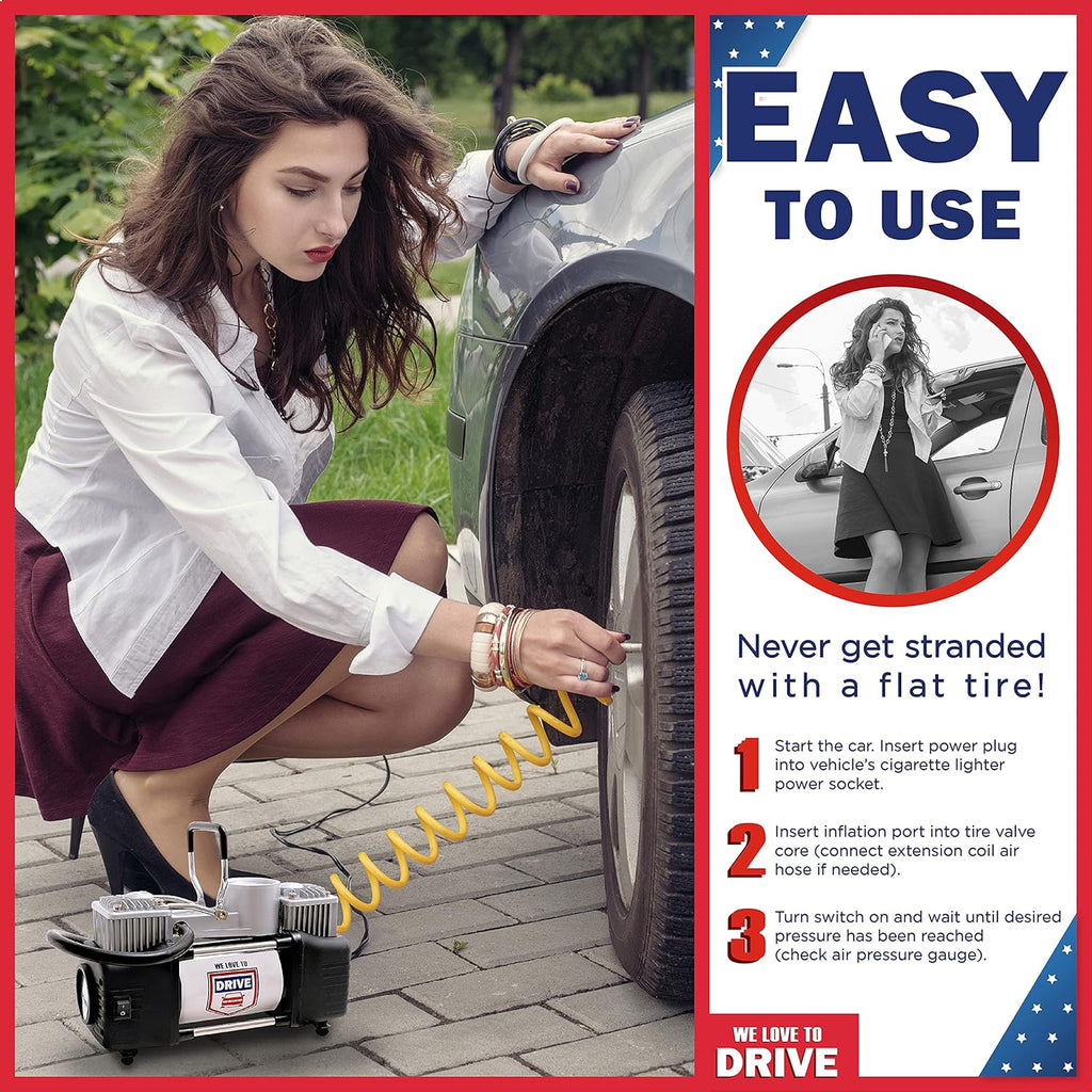 12V DC 150 PSI Portable Air Compressor & Tire Repair Kit with PSI Gauge, Adaptors, Hose, Car Plug, Clip Connectors, Tire Inflator & Tire Patch Kit N332024