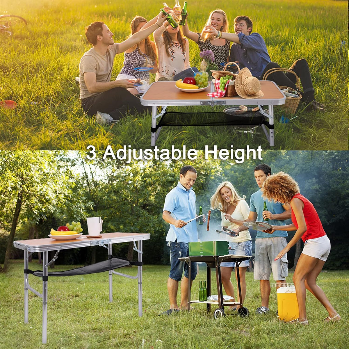Folding Camping Table with Storage, Adjustable Height, Lightweight, 31.5x15.7 D47075