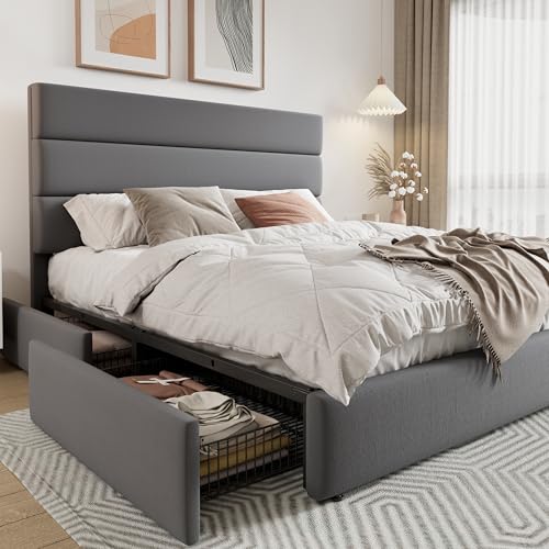 White Full Size Platform Bed Frame with 4 Storage Drawers and Velvet Upholstered Headboard I64265