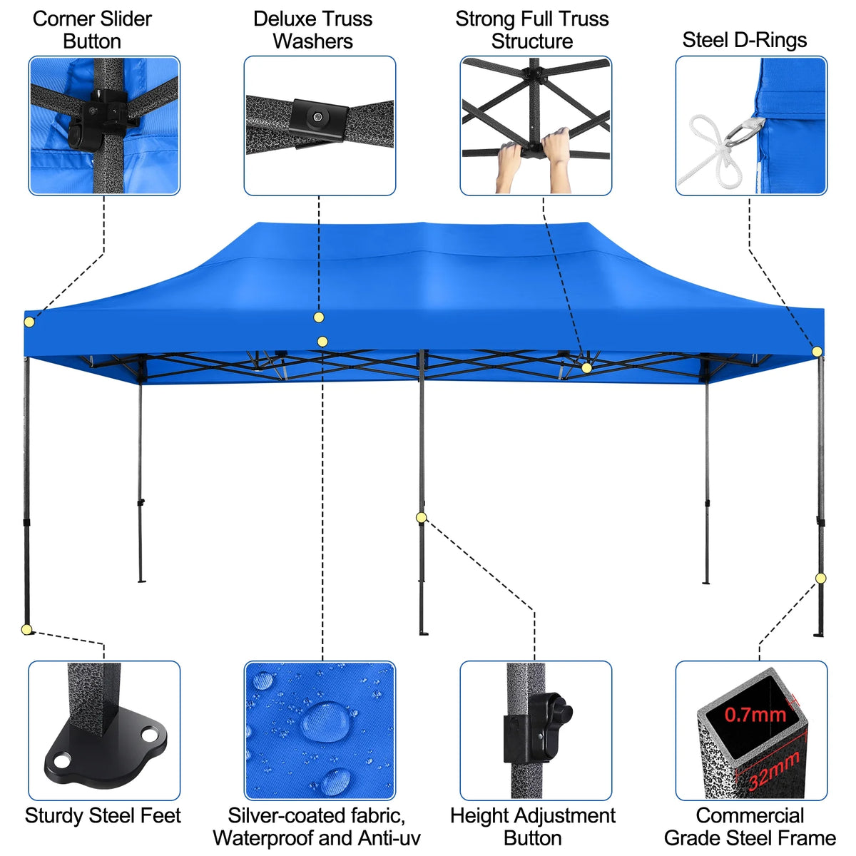 10' x 20' Pop Up Canopy Tent Straight Leg Shelter with Roller Bag, Blue B228