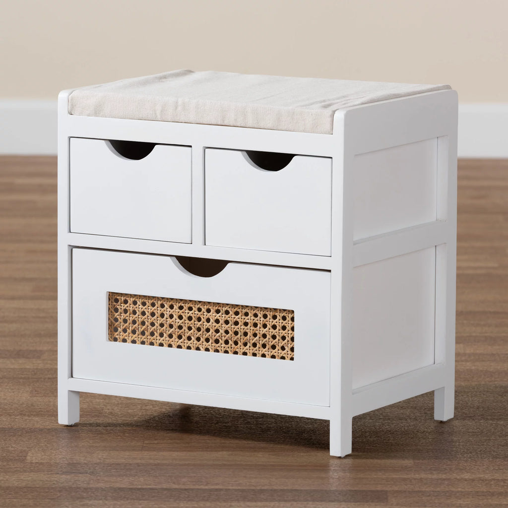 Light Beige Fabric White Wood 3-Drawer Storage Bench with Natural Rattan B357