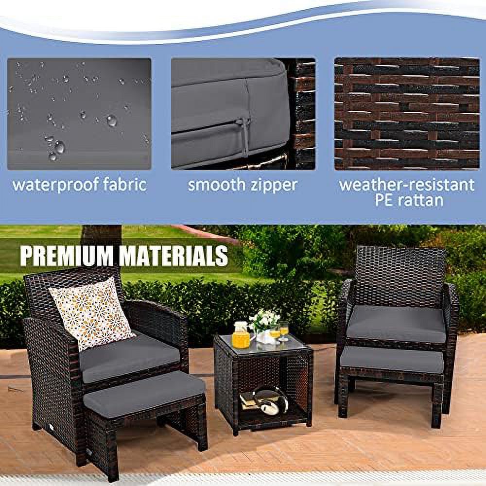 Patio Rattan Conversation Set with Cushioned Chair & Ottoman & Tempered Glass Coffee Table Y632