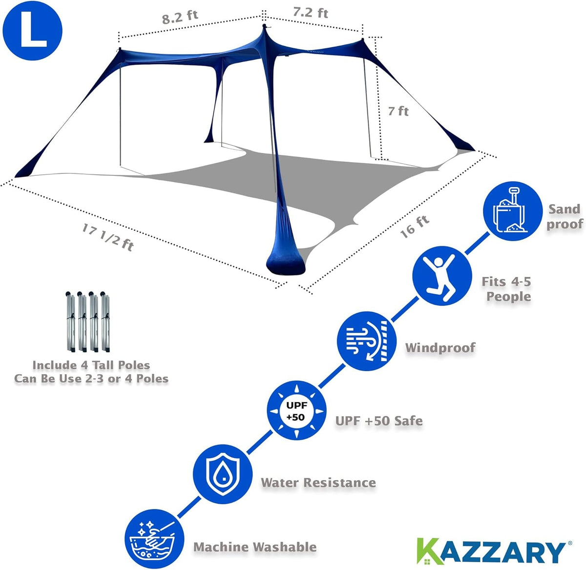 Beach Tent Pop Up Canopy Sun Shelter UPF50+ Lightweight Outdoor Shade with Ground Pegs and Stability Poles Portable Set (7.2 X 8.2 FT 4 Pole, Bright Blue) F4471