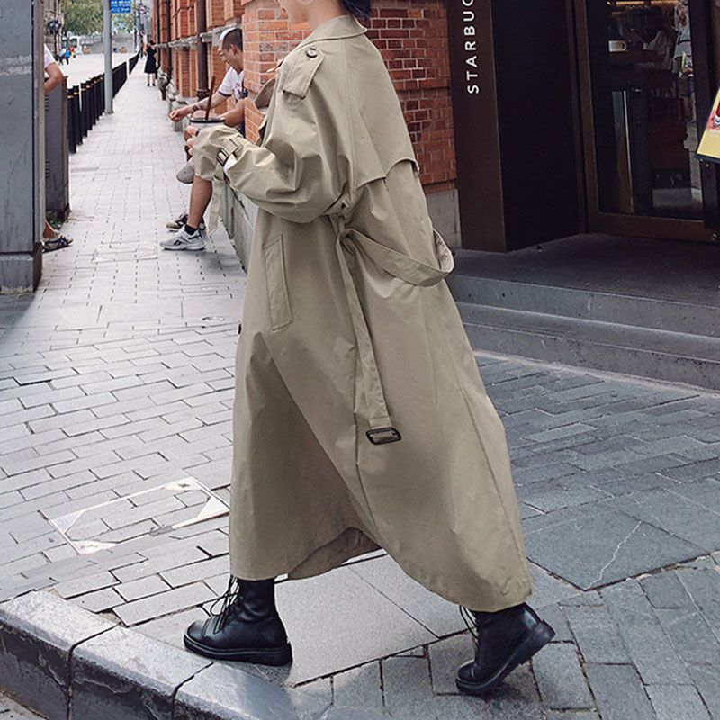 Large Collar Belted Twill Long Trench Coat P623579