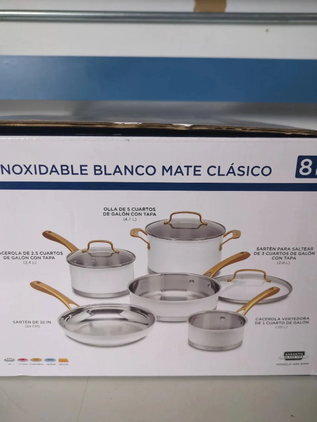 8pc Stainless Steel Cookware Set with Brushed Gold Handles Matte White K3307