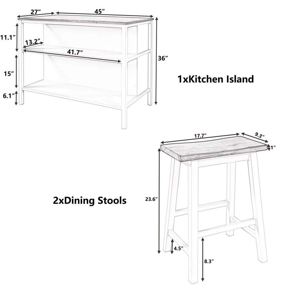 Solid Wood Kitchen Island Set with 2 Stools P54335