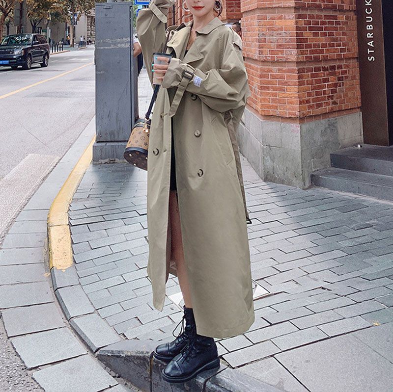 Large Collar Belted Twill Long Trench Coat P623579