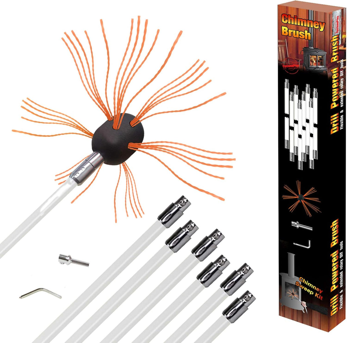 Chimney Brush 33ft Nylon Flexible Rods Cleaning Tool Kit 10 Rods Extra Head M7305