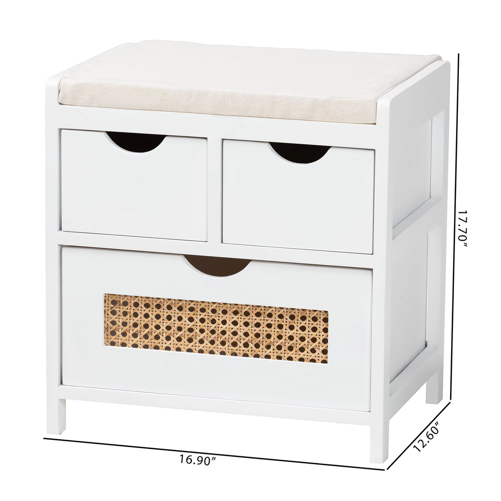 Light Beige Fabric White Wood 3-Drawer Storage Bench with Natural Rattan B357