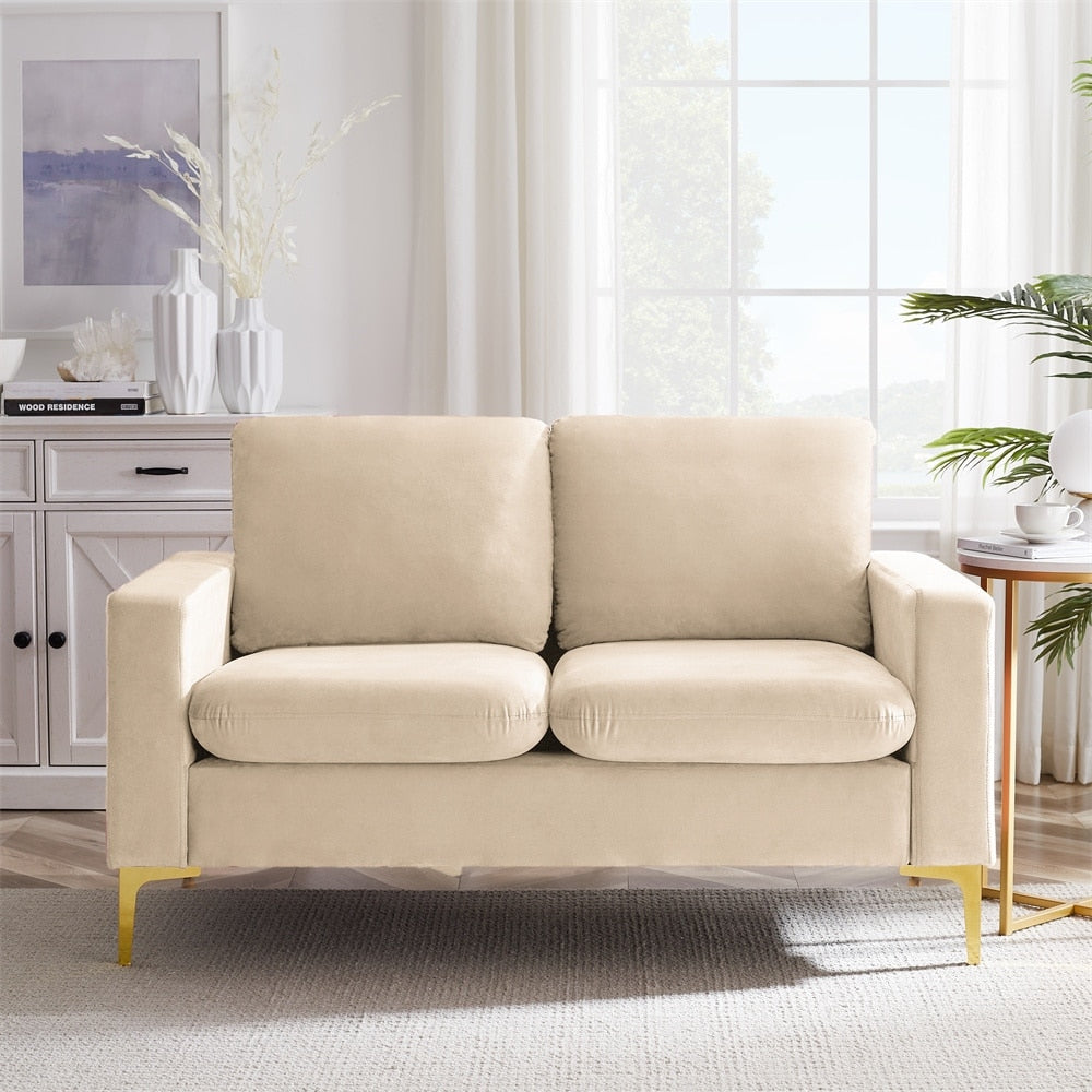 Orange Velvet Loveseat With Gold Metal Legs Square Armrest Small Sofa Couch U126969