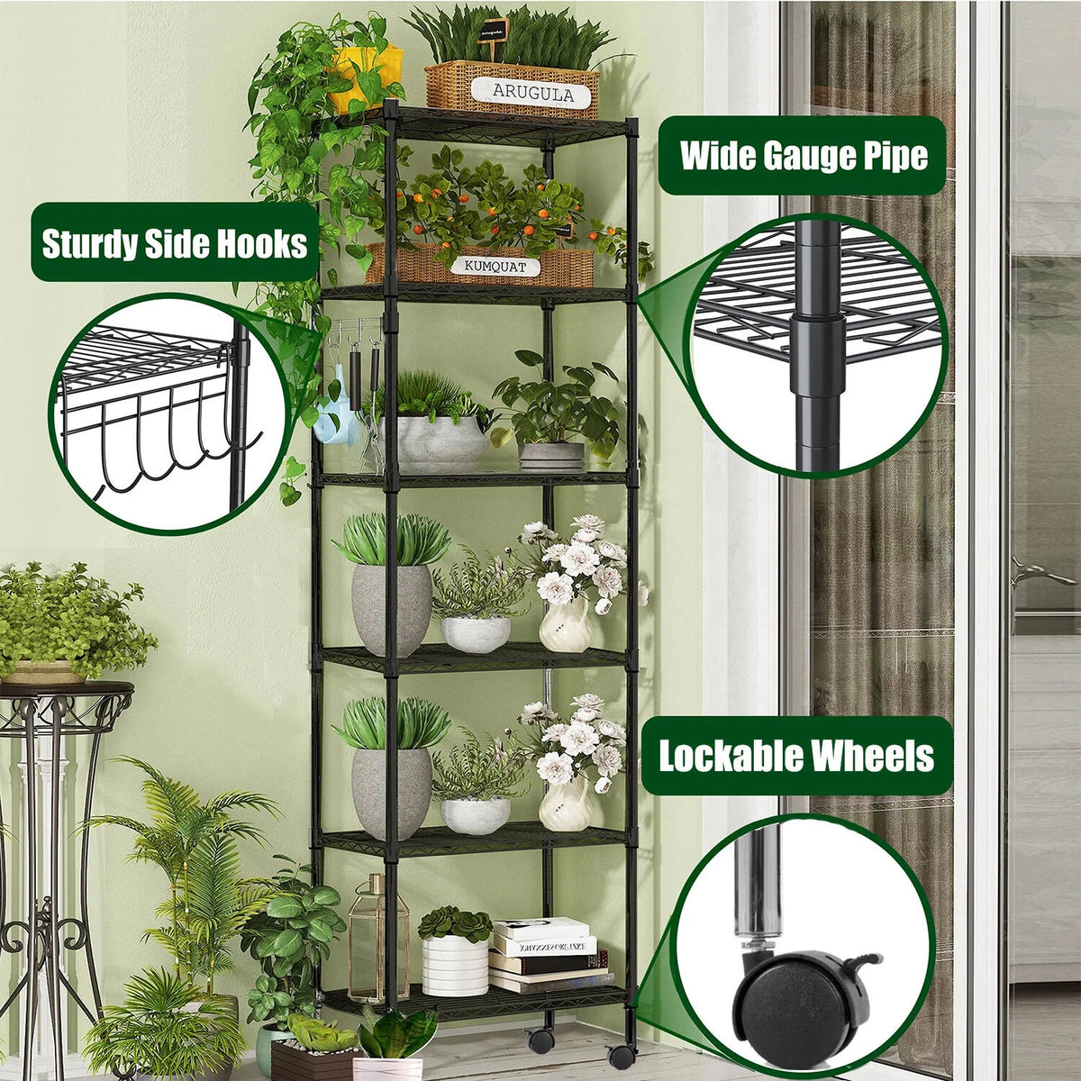 6 Shelves Wire Metal Heavy Duty Shelving Rack with Wheel, Silver V2839