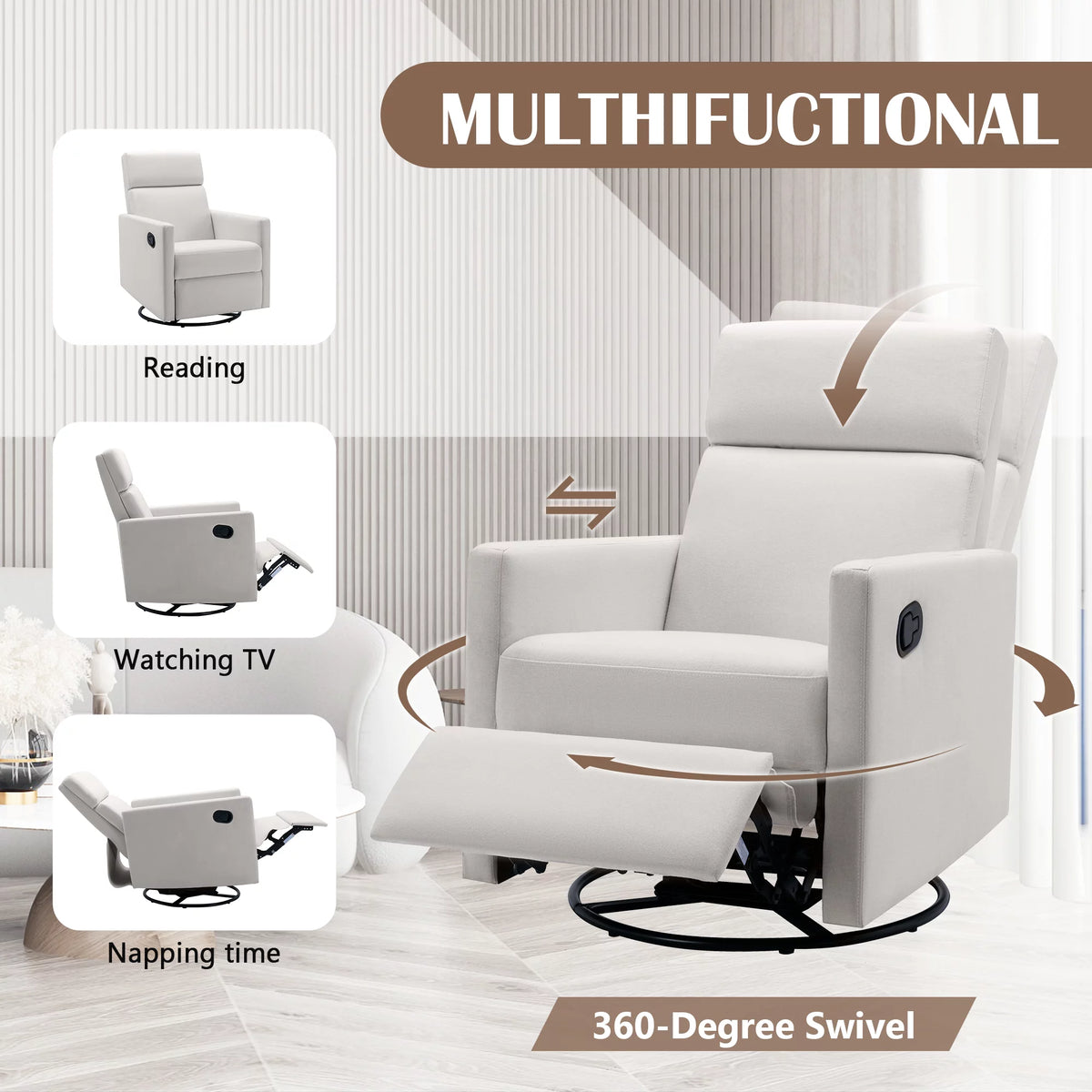 Beige Upholstered Swivel Rocker Recliner Chair L4456