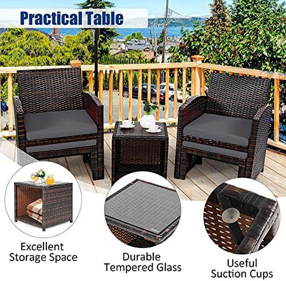 Patio Rattan Conversation Set with Cushioned Chair & Ottoman & Tempered Glass Coffee Table Y632