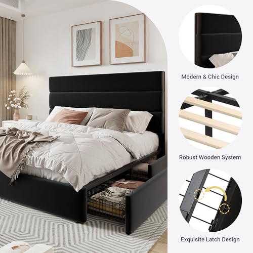 White Full Size Platform Bed Frame with 4 Storage Drawers and Velvet Upholstered Headboard I64265