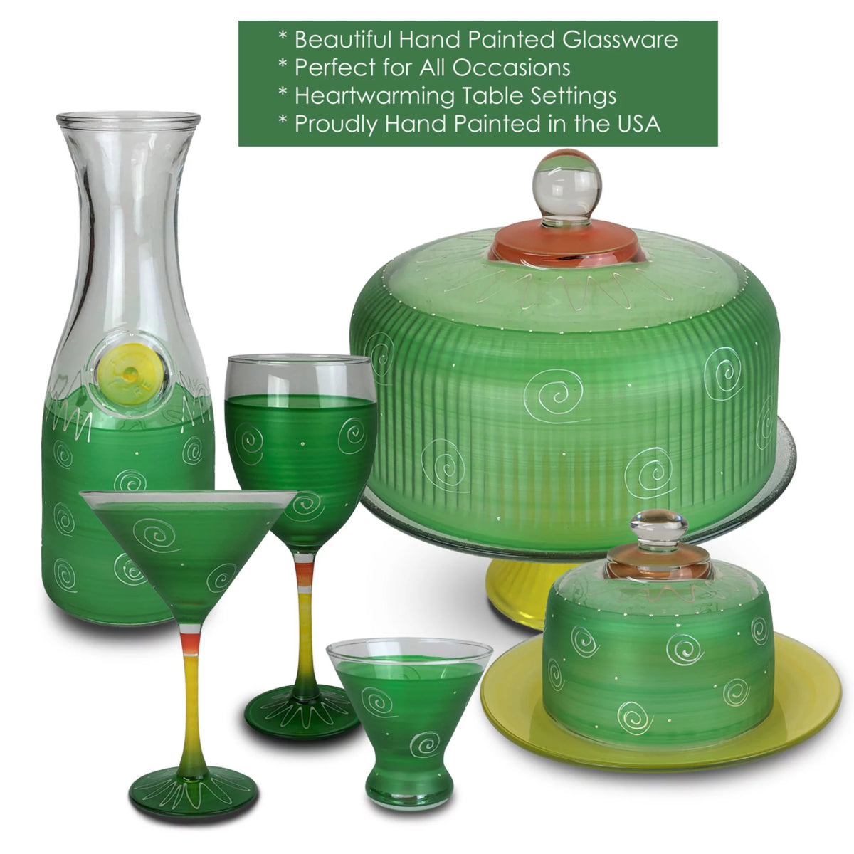 Set of 2 Green and White Hand Painted Wine Glasses 7.5 oz F95835