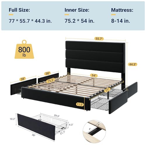 White Full Size Platform Bed Frame with 4 Storage Drawers and Velvet Upholstered Headboard I64265