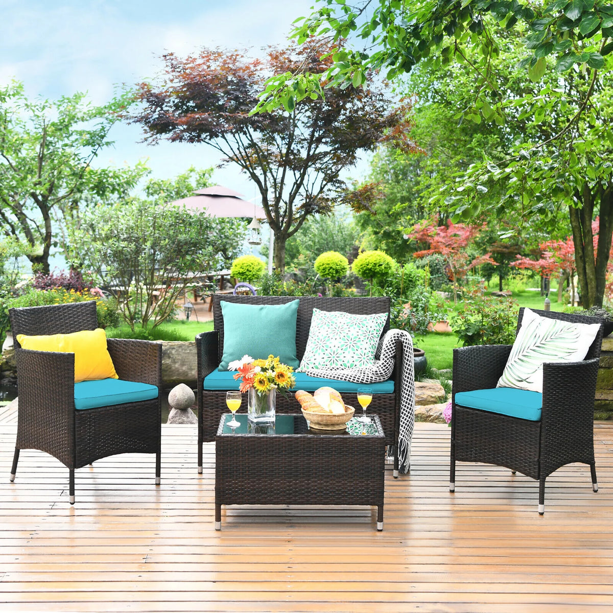 4PCS PE Rattan Wicker Patio Sofa Furniture Set With Cushion Q21757