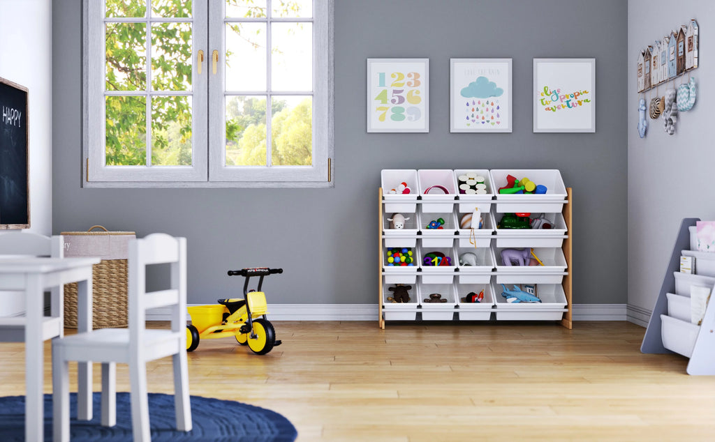 Kids Wood Toy Storage Organizer with 16 White Plastic Bins O402