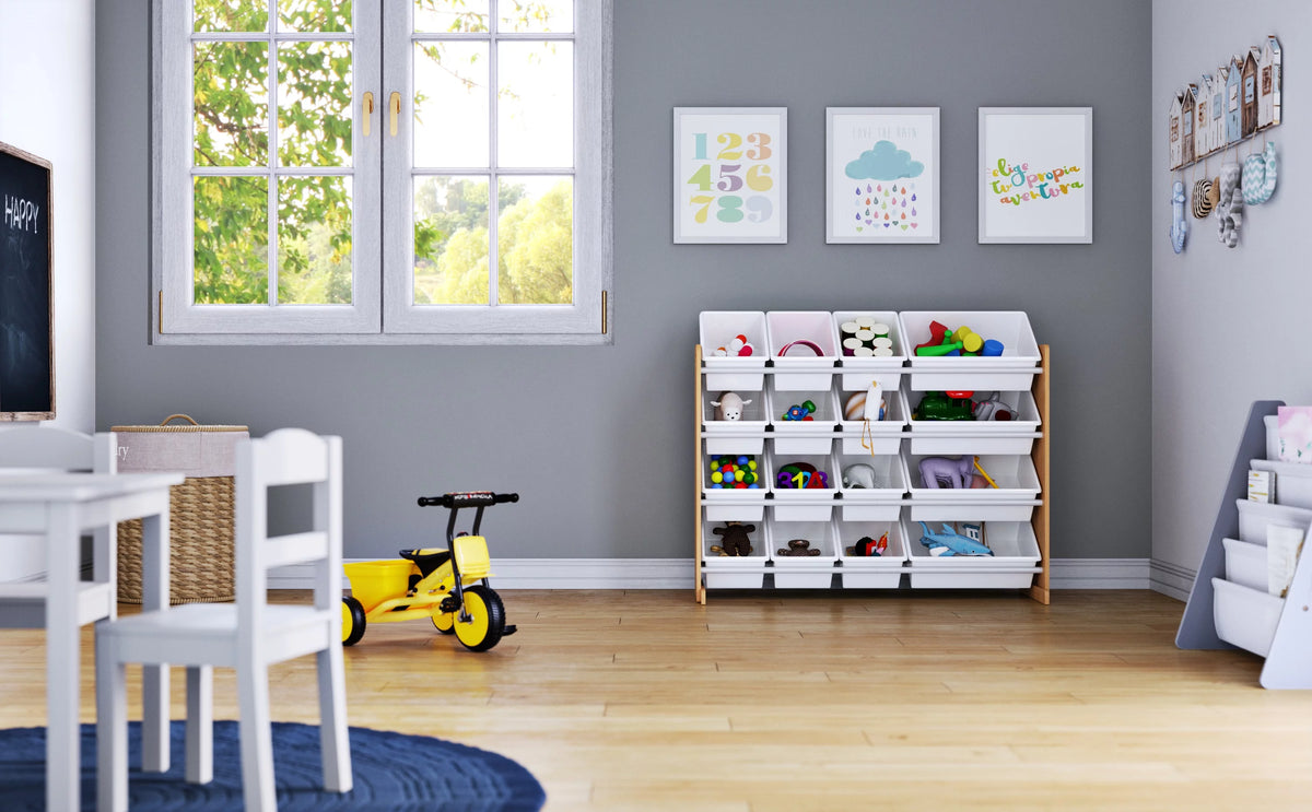 Kids Wood Toy Storage Organizer with 16 White Plastic Bins O402