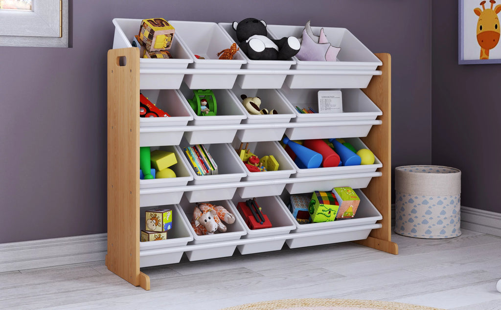 Kids Wood Toy Storage Organizer with 16 White Plastic Bins O402