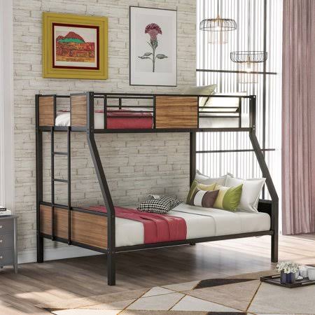 Twin-Over-Full Bunk Bed with Metal Frame, Ladder and Guard Rail, Brown O59558