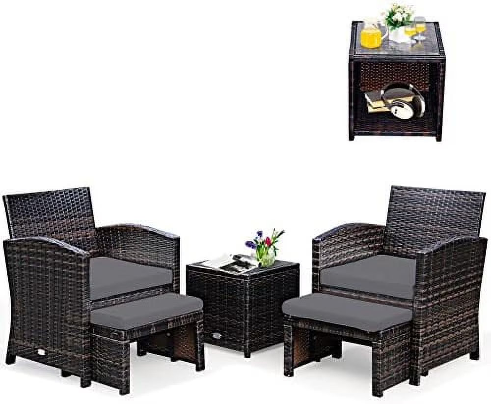 Patio Rattan Conversation Set with Cushioned Chair & Ottoman & Tempered Glass Coffee Table Y632