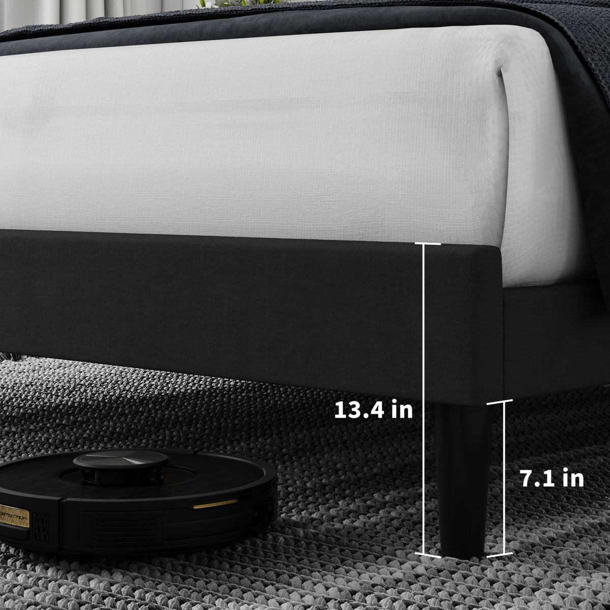 Queen Size Black Linen Upholstered Platform Bed with Adjustable Headboard U254