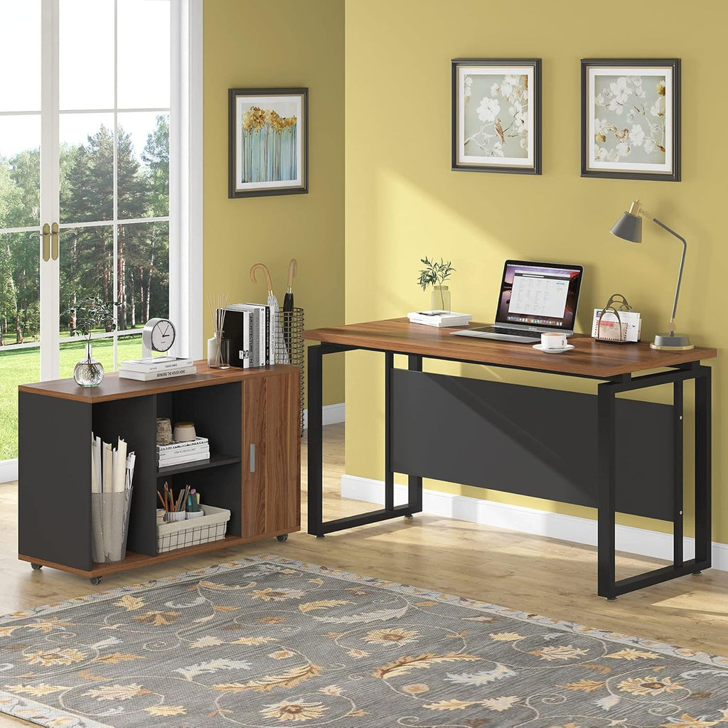 Dark Walnut Steel Gray L Shaped Desk with Storage Shelves and File Cabinet Q7142