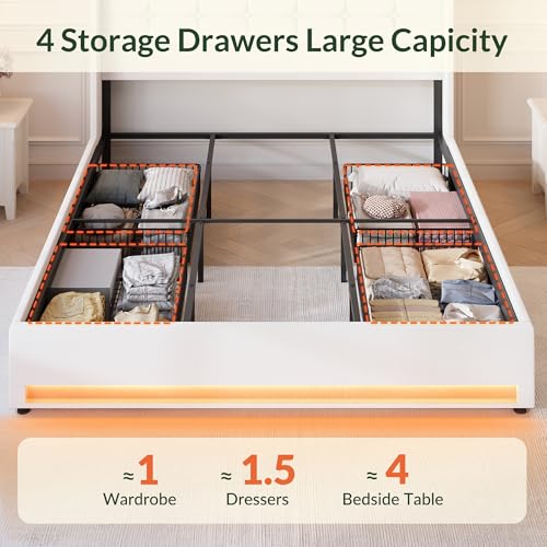 Queen Size White Velvet Upholstered Platform Bed Frame with 4 Storage Drawers Z4355