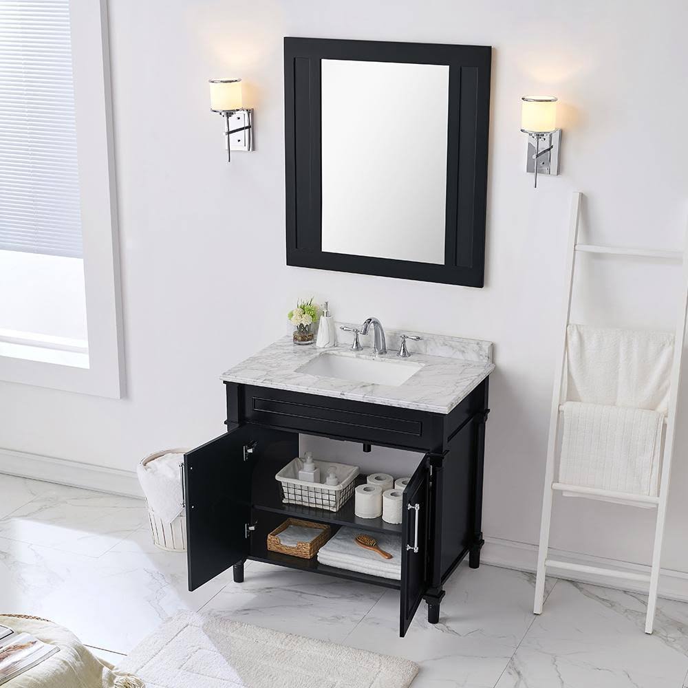 Black Vanity with Carrara Marble Top with White Sink T1249