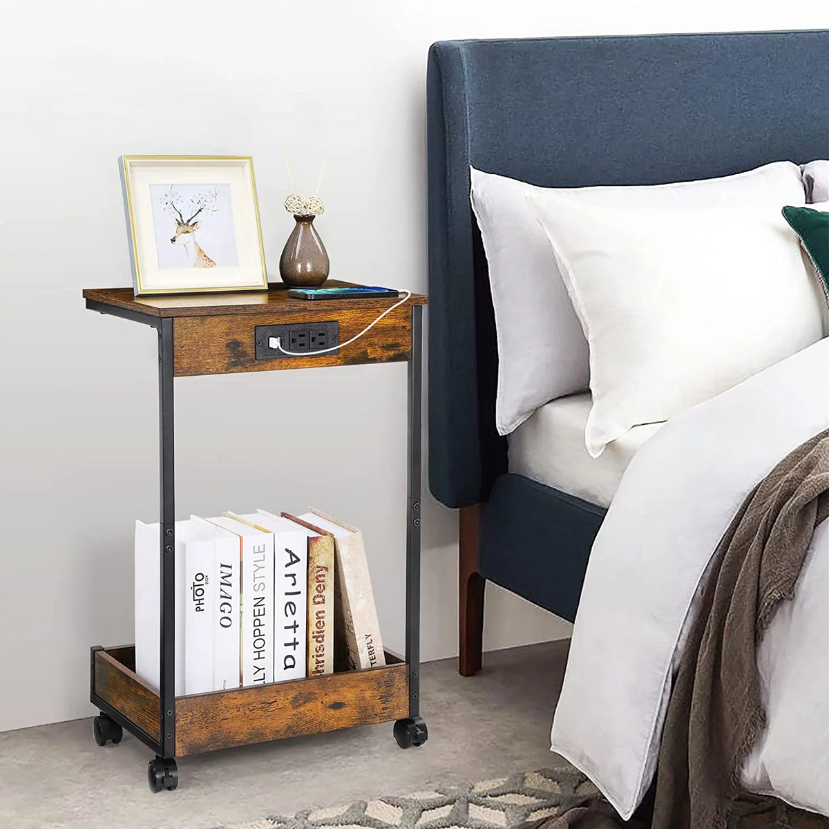 C-Shaped Rolling End Table with Charging Station J82298