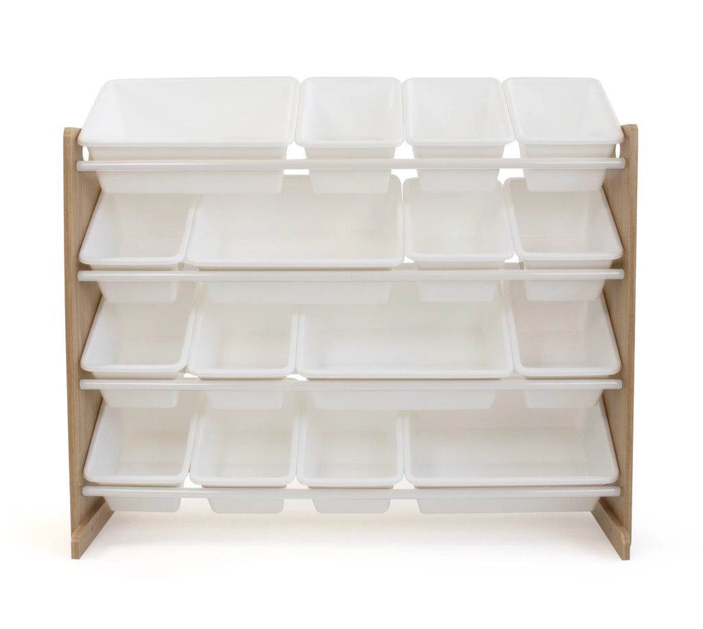 Kids Wood Toy Storage Organizer with 16 White Plastic Bins O402